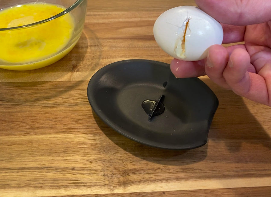 Crack'em Egg Cracker & Spoon Rest (Jet Black) - Perfectly Cracks Eggs & Contains Messes - Easy to Use & Clean - Great for Kids - Prevents Broken Yolks